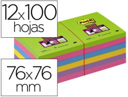 12 blocs de 90 de notas adhesivas quita y pon Post-it Super Sticky 76x76mm. colores surtidos